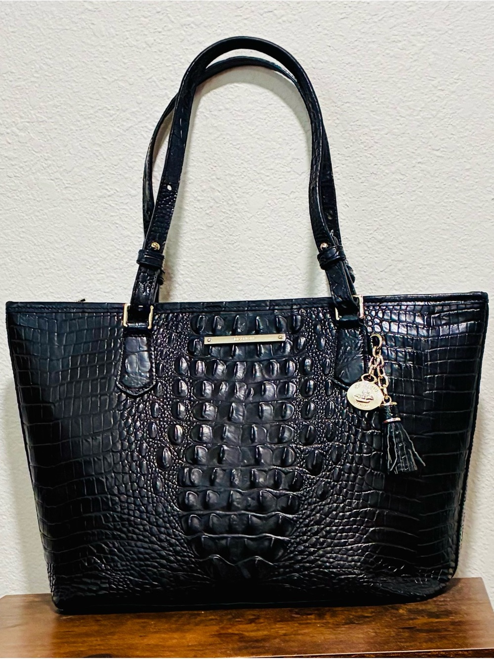 Brahmin Black Croc-Embossed Leather Shoulder Tote